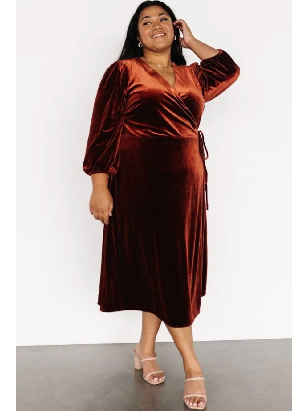 Baltic Born Beckinsale Midi Velvet Wrap Dress Cinnamon Rust Orange Medium Party - Picture 6 of 16